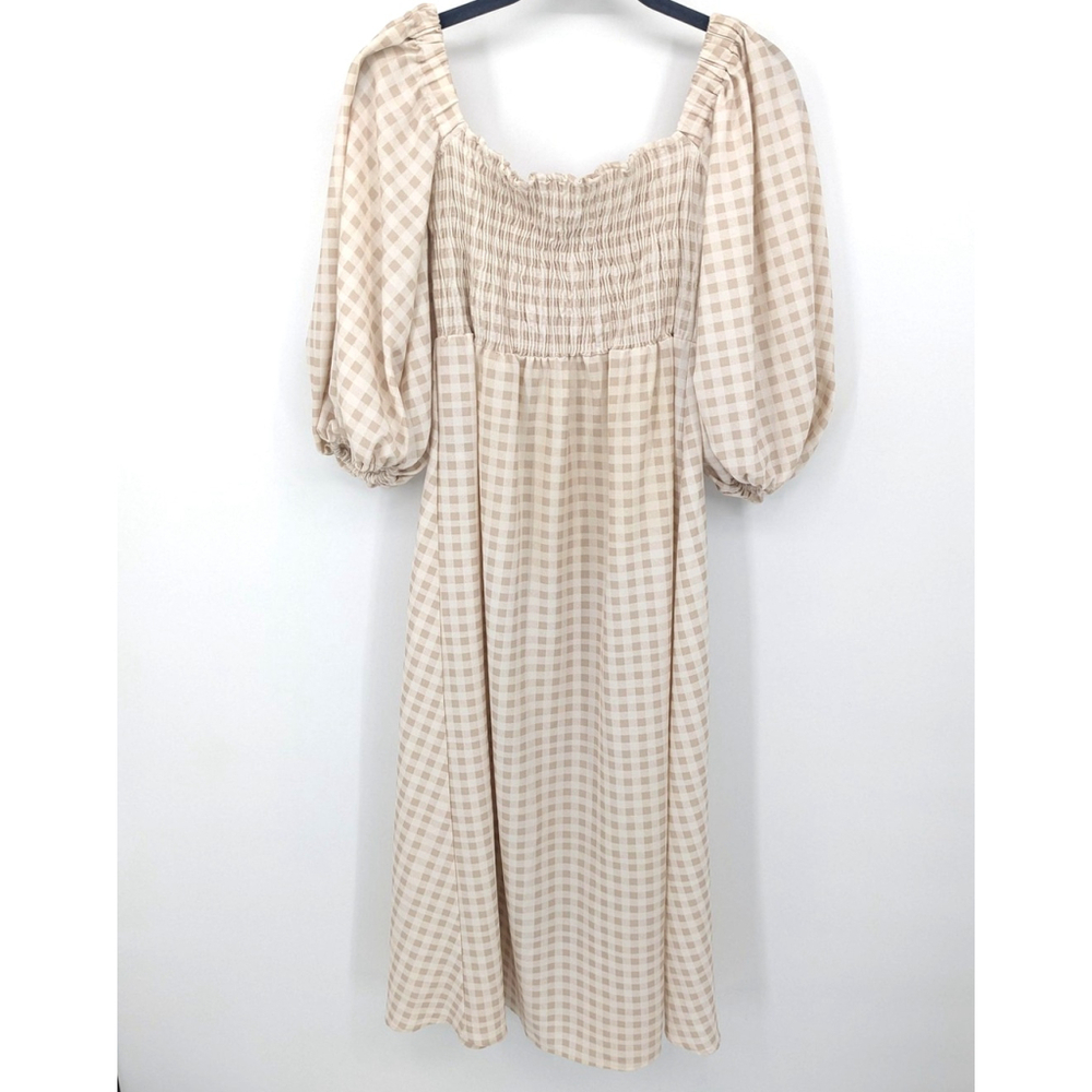 Smocked Square-Neck Midi Dress in Beige Gingham
